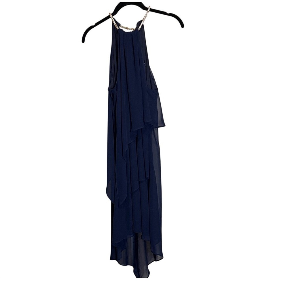 Betsy & Adam Navy Blue Chiffon High-Low Halter Dress Rhinestone Chain Size 8 - Picture 1 of 6